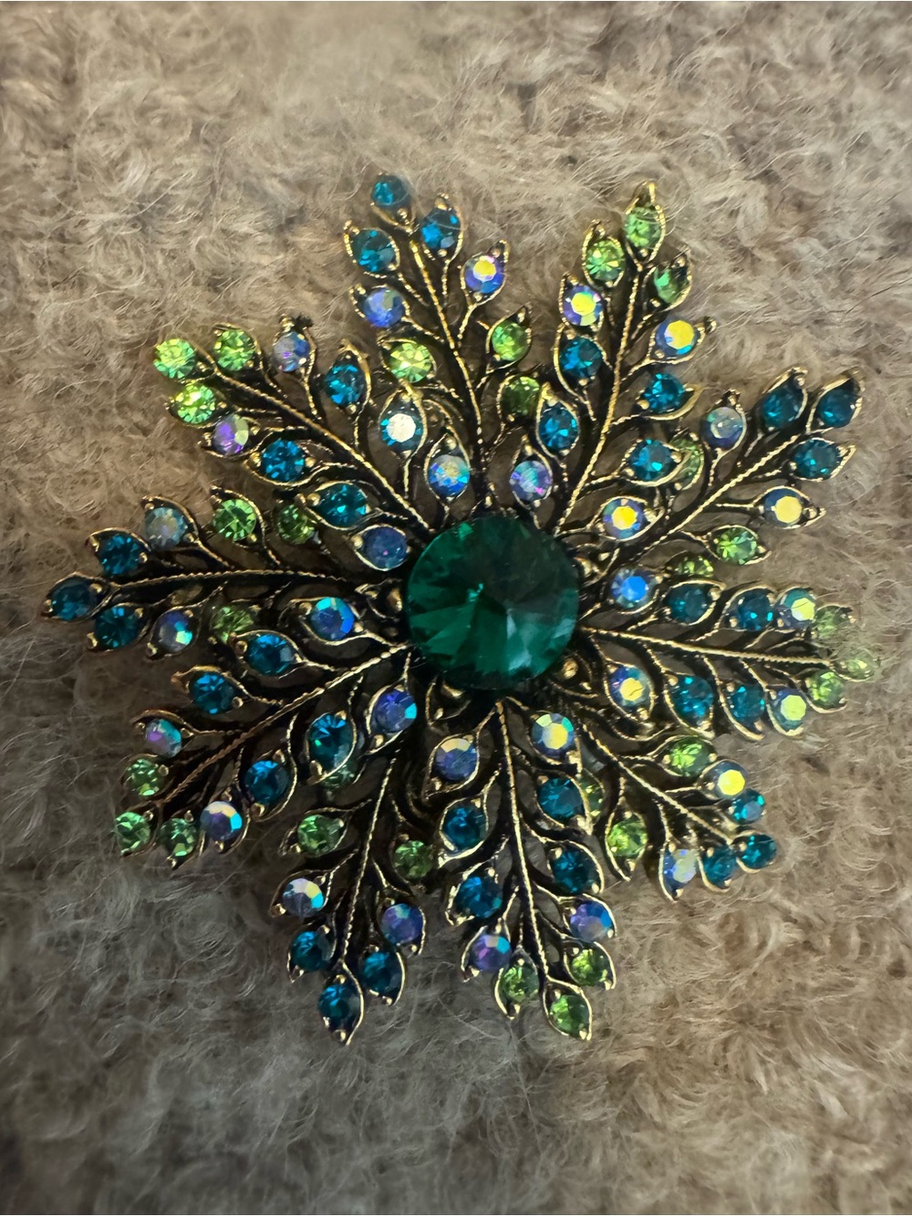 Sparkling Green & Blue Floral Burst Brooch
